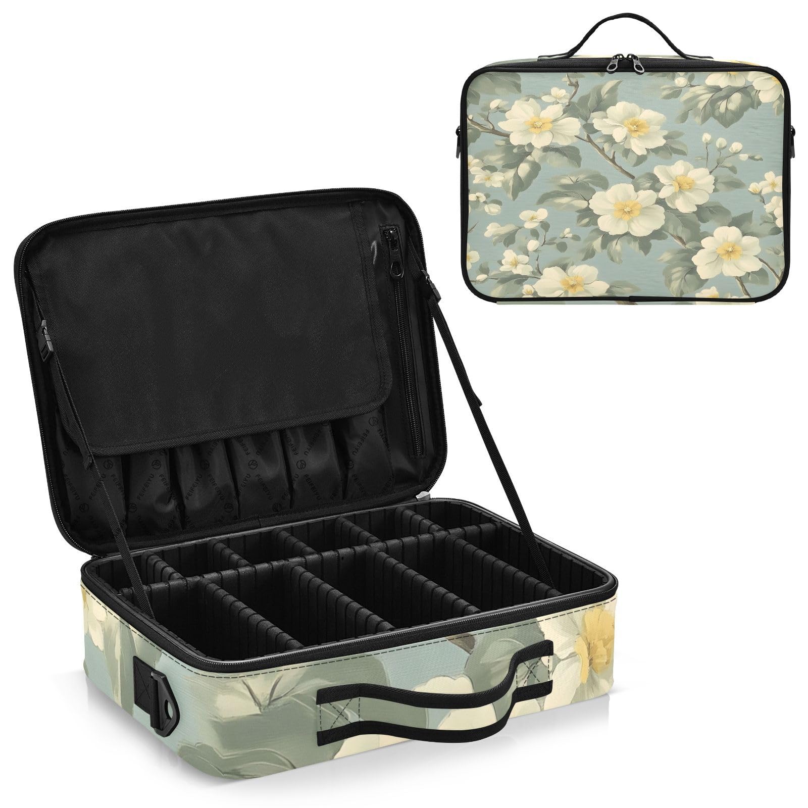 zyrtty Travel Makeup Train Case Flower Pattern Green Plants Leaves Cosmetic Organizer Portable Storage Bag with Adjustable Dividers for Cosmetics Brushes Toiletry Jewelry Digital Accessories