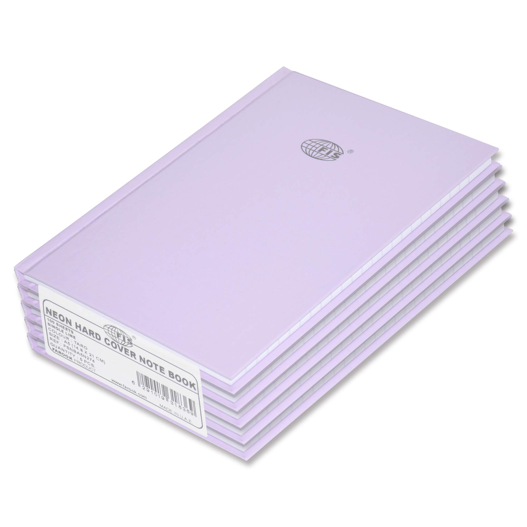 FIS Neon Hard Cover Single Line Notebook, (100 Sheets), A5 Size, Taro - FSNBA5N274,5-Pieces