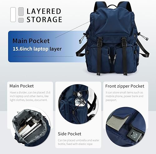 Miniatura 2 de Mochila vintage para computadora portátil para hombres y mujeres, mochila funcional y elegante de 30 litros con diseño de bolsillo lateral elástico,