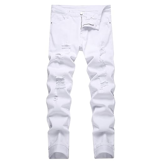 Calça jeans masculina rasgada, caimento justo, desgastada, perna reta