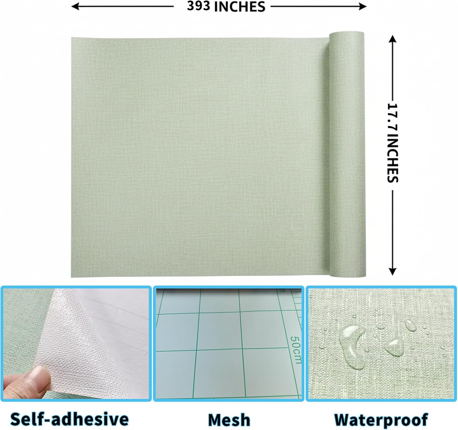 Self-Adhesive Linen Cream Color Pattern Waterproof Shelf Drawer Liner Cabinet Sticker，Wallpaper 15.6Inch by 98Inch (Green, 393“ x 15.6”)
