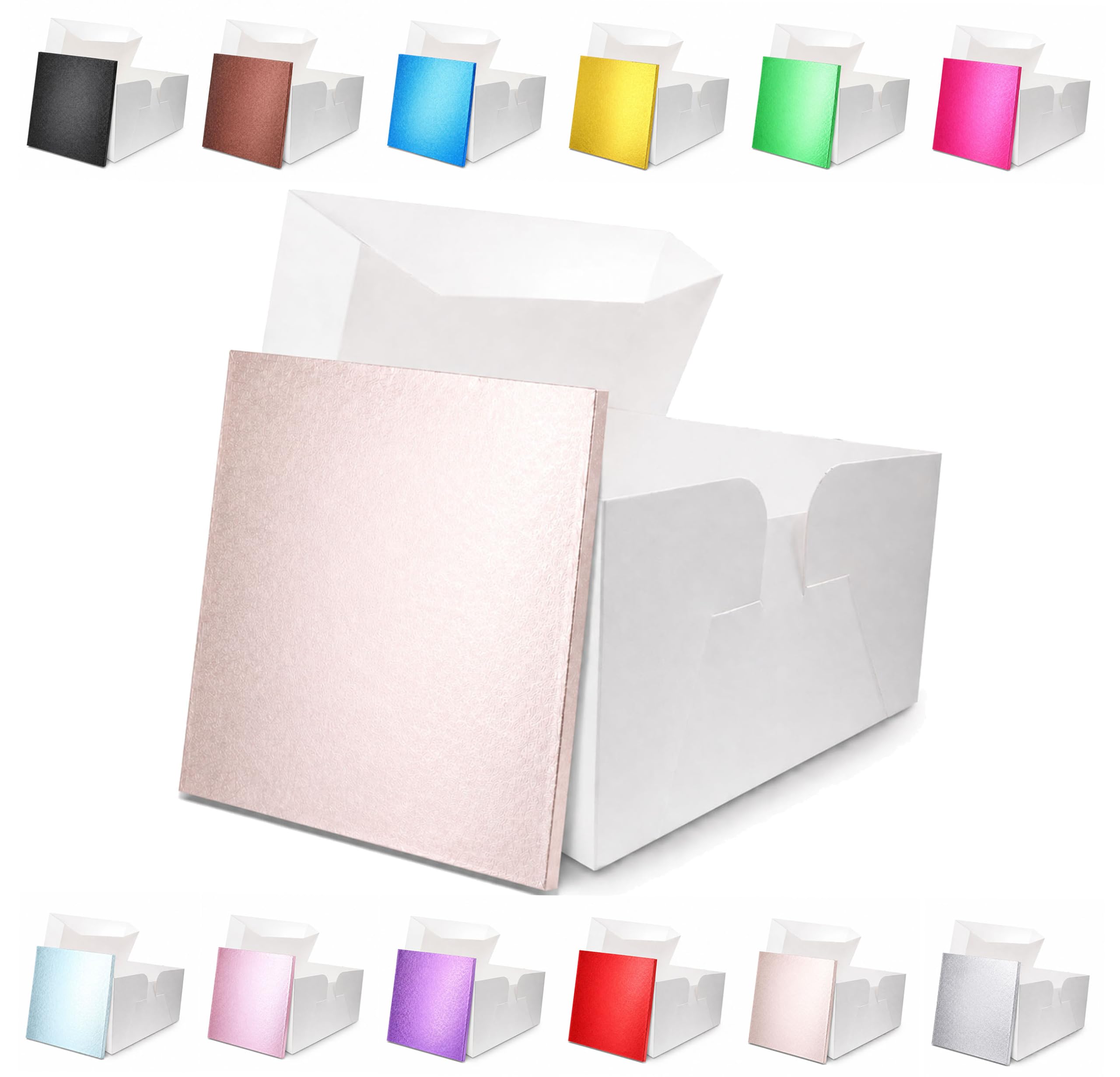 LARRYROO Square Colour Cake Drum Board & White Box + Lid Combo Pack for Wedding, Birthday Cakes (Rose Gold, 12 Inches)