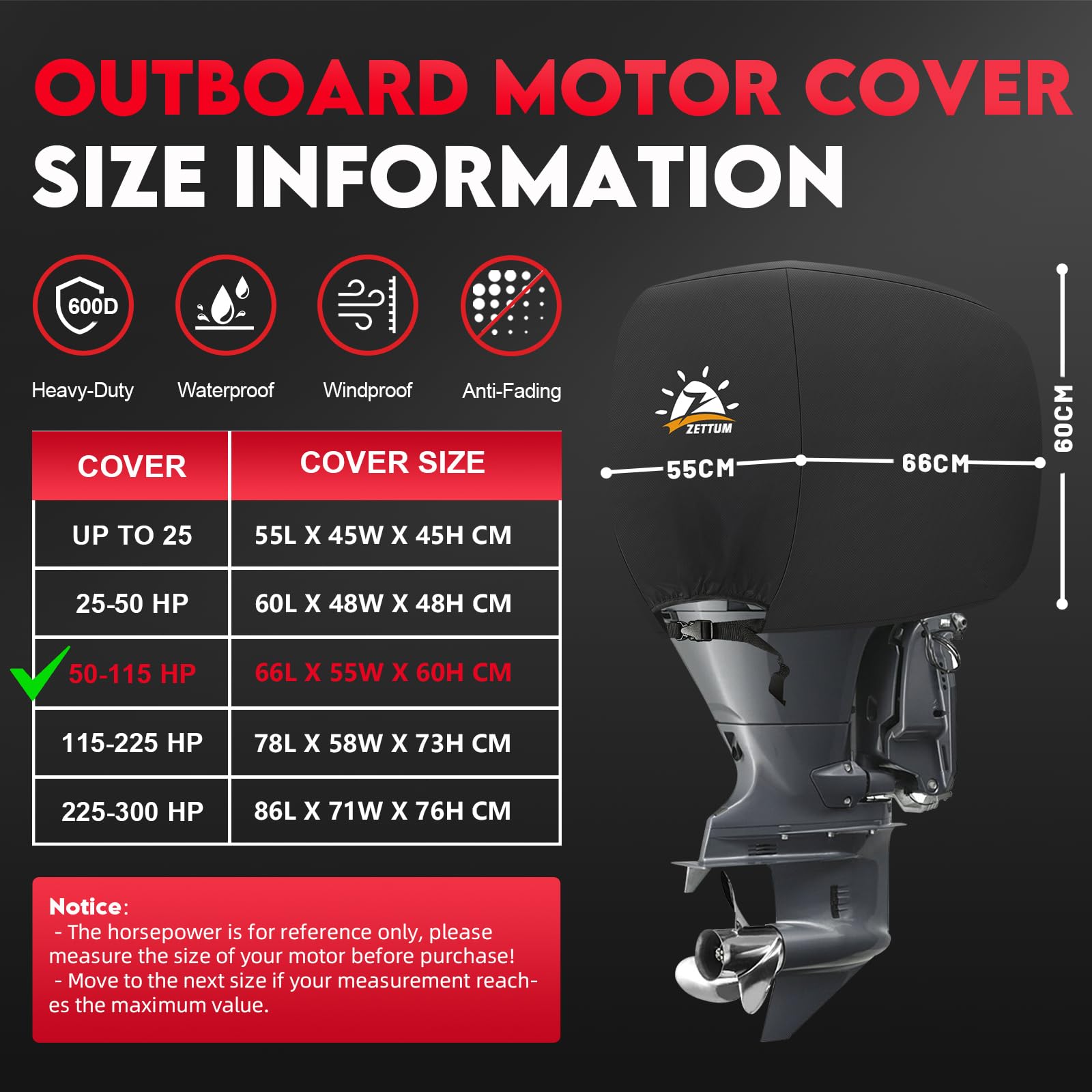 Zettum Housse de Moteur Hors Bord pour Moteurs de 50 à 115 HP, Housse 600D, étanche et résistante, Compatible avec Les Moteurs Yamaha, Mercury et Parsun