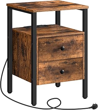 HOOBRO Bedside Table with Charging Station, Side Table with 2 Drawers, Wooden End Table with 2 USB Ports and 2 Sockets, Nightstand for Living Room, Bedroom, Rustic Brown and Black EBF43KBZ01G2