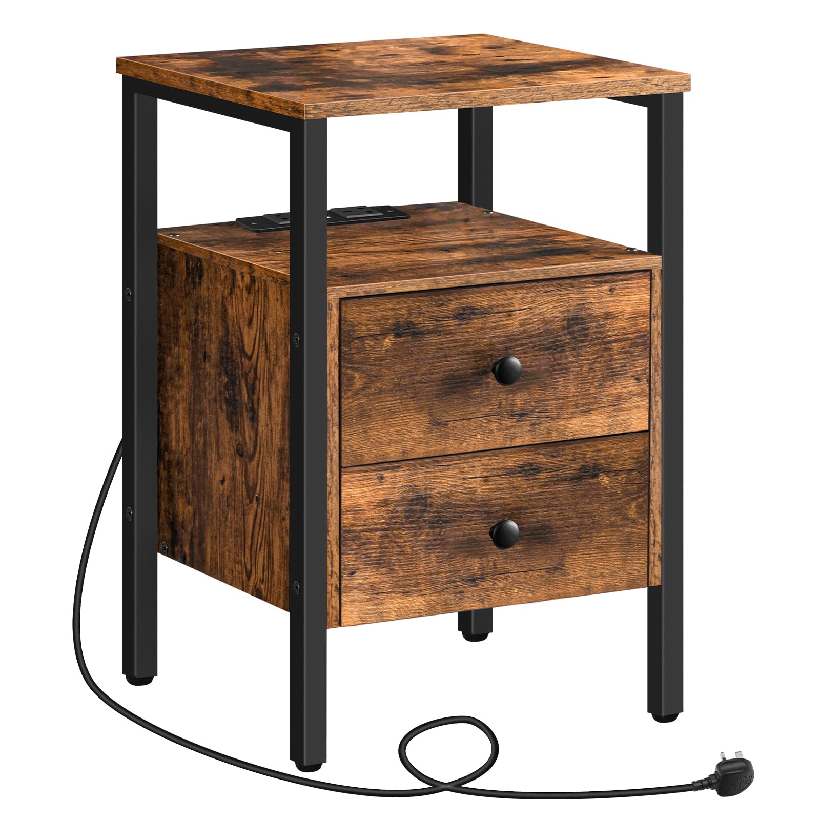 HOOBRO Bedside Table with Charging Station, Side Table with 2 Drawers, Wooden End Table with 2 USB Ports and 2 Sockets, Nightstand for Living Room, Bedroom, Rustic Brown and Black EBF43KBZ01G2