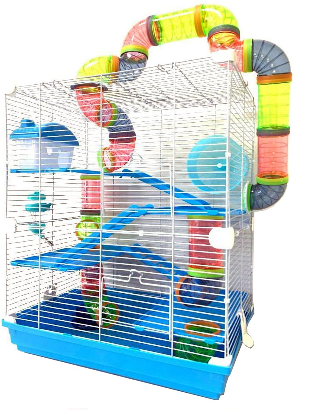 Large 5-Tiers Expandable and Customizable Hamster House Small Animal Habitat Cage with Running Wheel Hide House Crossover Tube Water Bottle Feeder