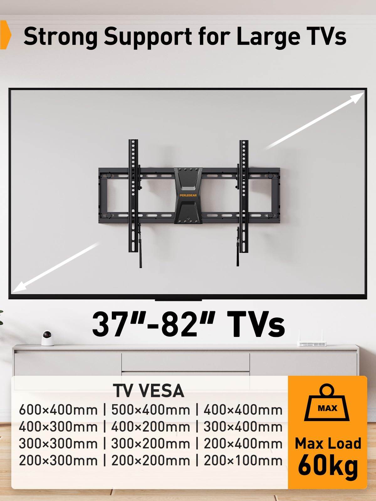Support Mural Inclinable Pour TV 37 à 82 Pouces, Noir, Modèle 118MB