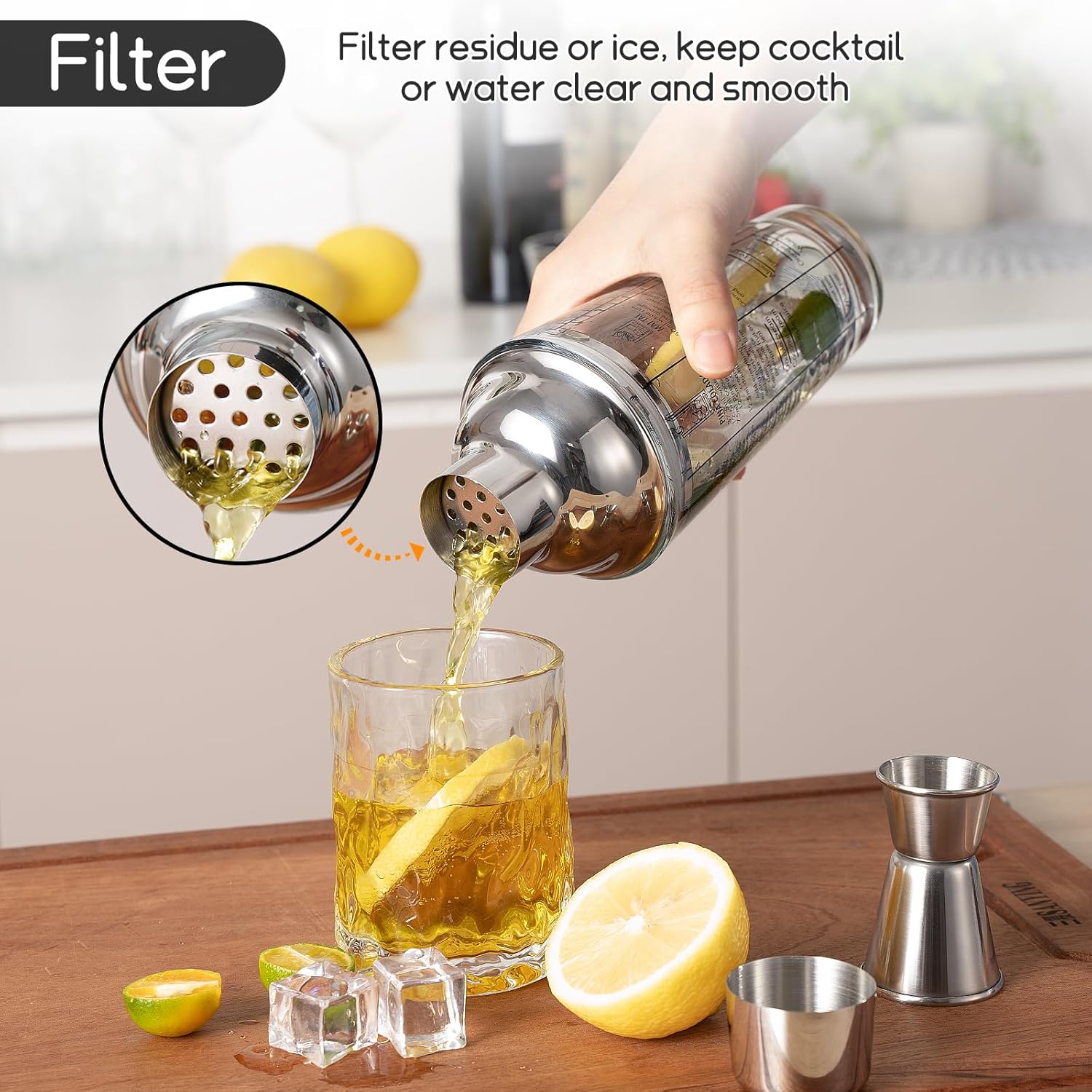 Ailelan Glass Cocktail Shaker with Strainer, 14oz Martini Shaker with 6 Recipes On Side, Clear Drink Shaker Bottle with Measurements, Bar Shakers Set Bartender Kit for Mixing Cocktail, Margarita - Image 2