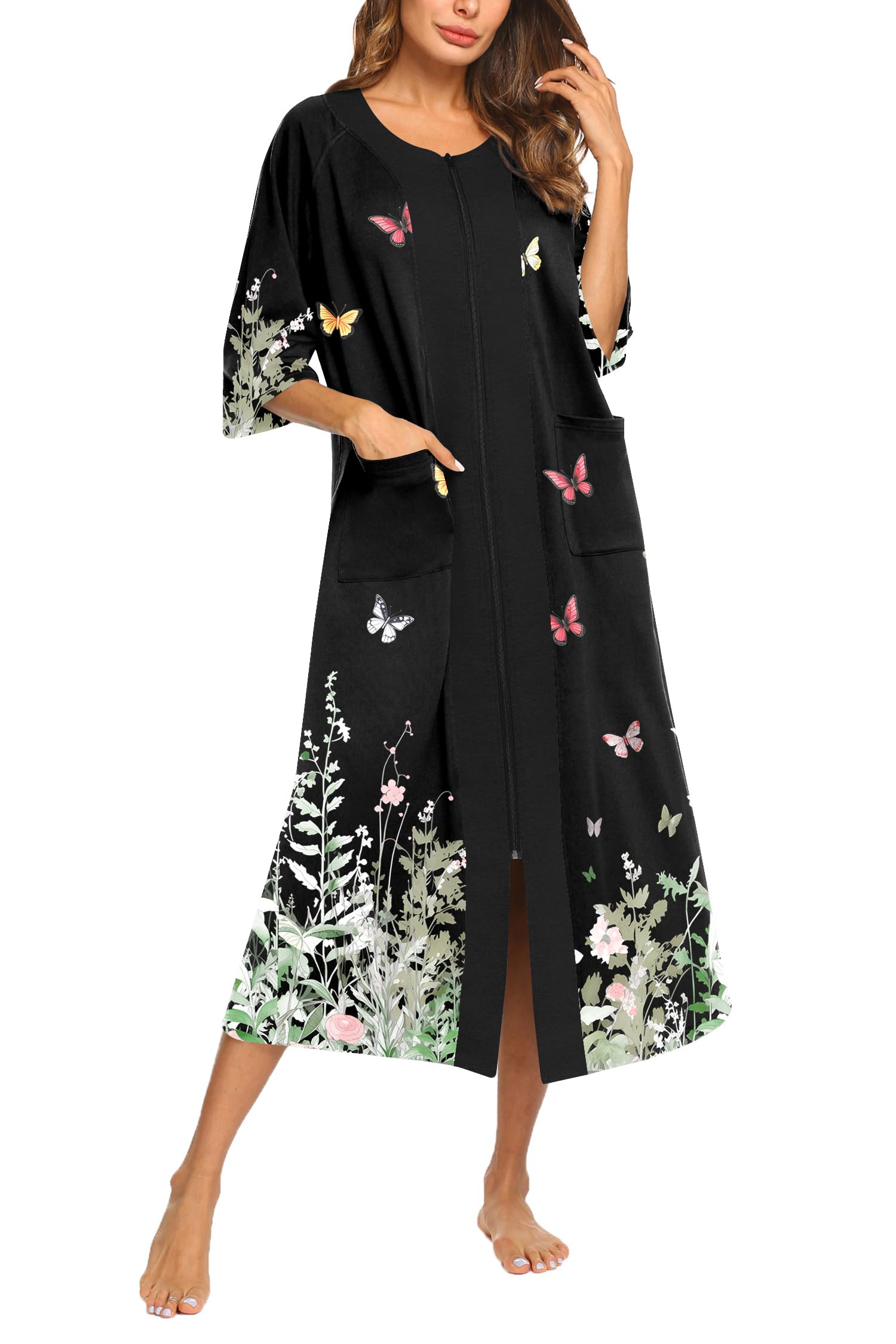 Ekouaer Womens Zipper Robe 3 4 Sleeve Housecoats Full Length House Dress Loungewear Long Nightgown with Pockets