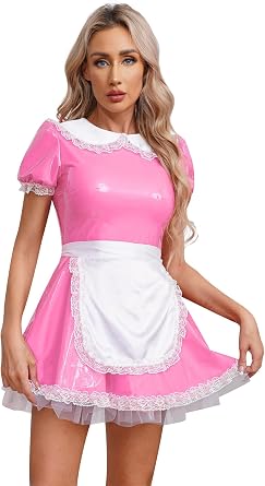 Womens Patent Leather Wetlook Anime Cosplay French Apron Maid Fancy Dress Tutu Costume