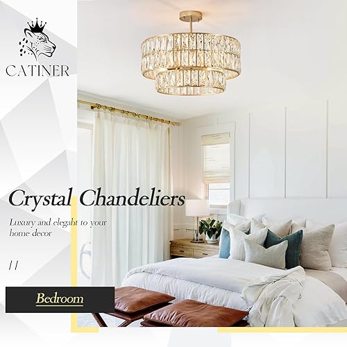 Miniatura 5 de Candelabro moderno de cristal dorado de 20 pulgadas, lámpara de techo semiempotrada de lujo, 6 luces, lámpara colgante de cristal redondo para