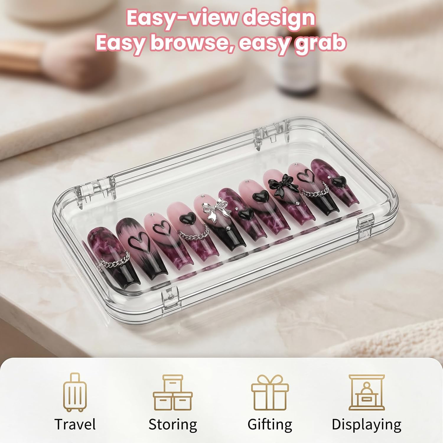 12 Pack Nail Storage Organizer for Press On Nails Versatile Transparent Boxes & 30 Double-Sided Tapes Plastic Clear Box for Fake Nails Storage Case Nail Display
