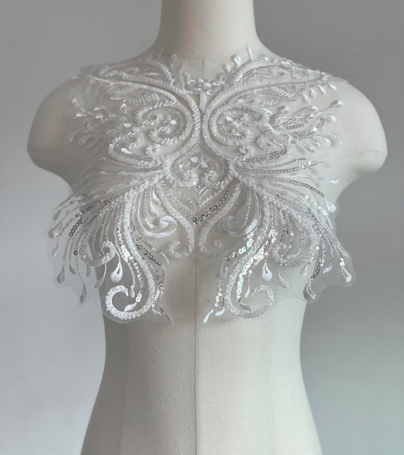 White Sequin Appliques, Flower Lace Appliques, Bodice Applique, Beaded Applique for Dresses, Dancewear, Evening Gowns, Apparel and More(White)