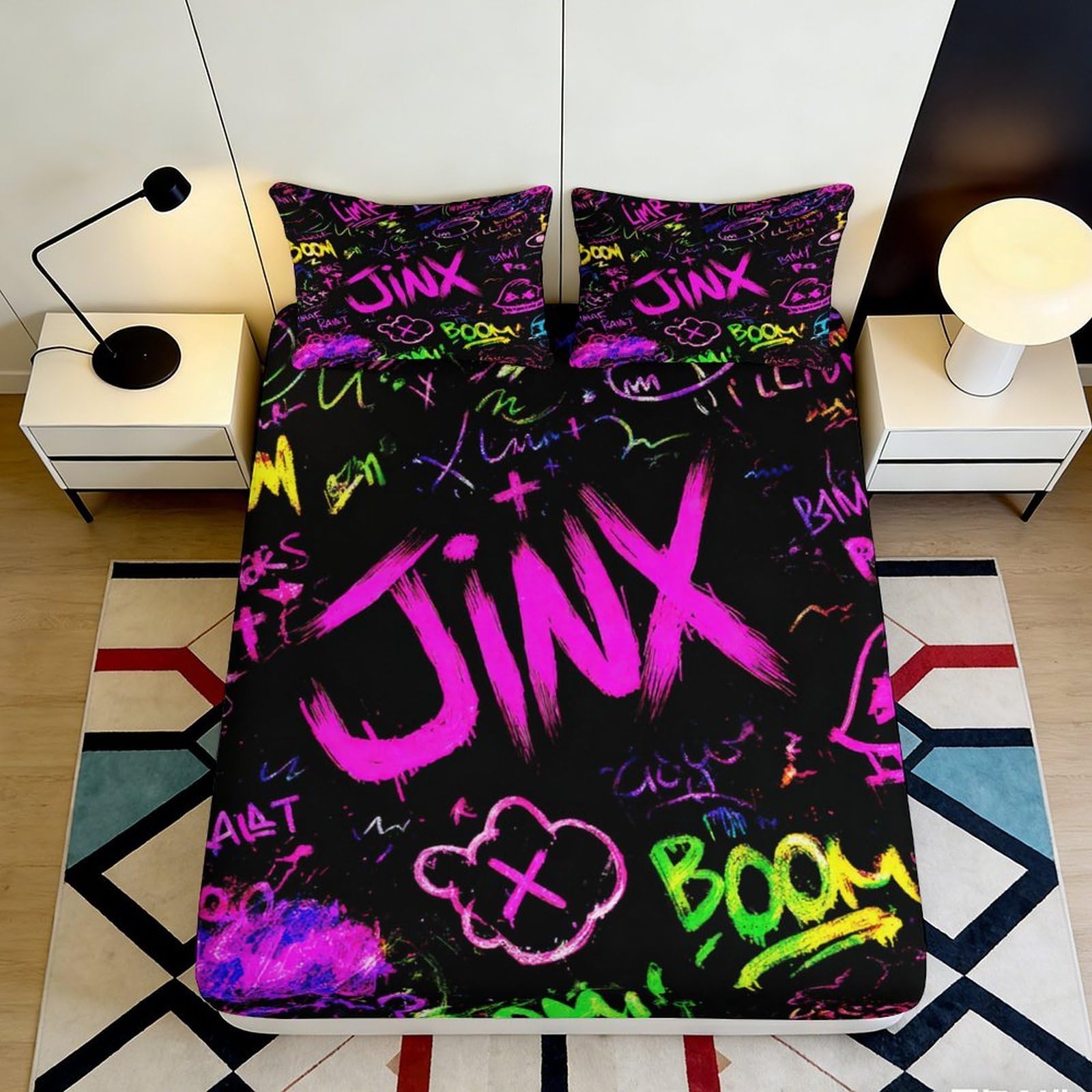 3D Printed Graffiti Jinx Fitted Sheet Microfiber Vibrant Neon Letter Art Mattress Cover for Bedroom Dorm Decor 90x200x25cm