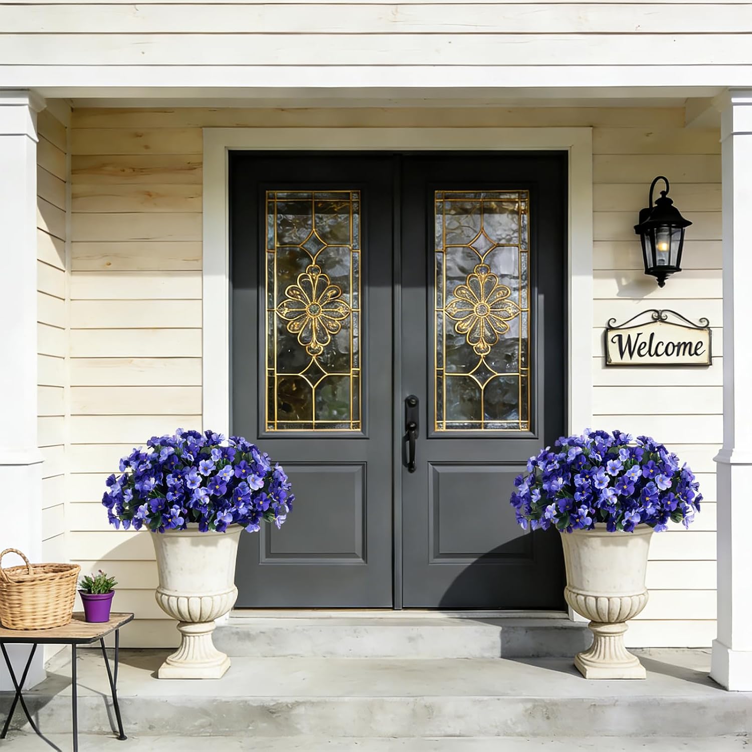 INXUGAO Artificial Hanging Flowers with Basket Outdoor, Fake Hydrangea UV Resistant Arrangements in Pot Planter Spring Summer Decor for Indoor Porch Garden Yard (Double Blue)
