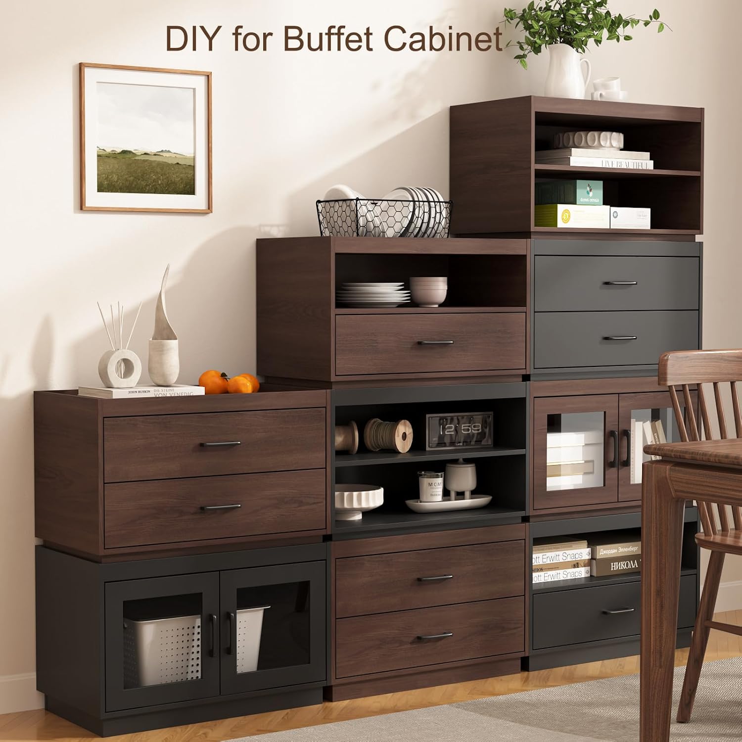 Stackable Storage 2-Shelf, 28" Wide Storage Bins with Open Compartment for Closet Organizers, Wood Stackable Closet Organizer Modern Large Stackable Storage Units for Living Room Hallway, Black