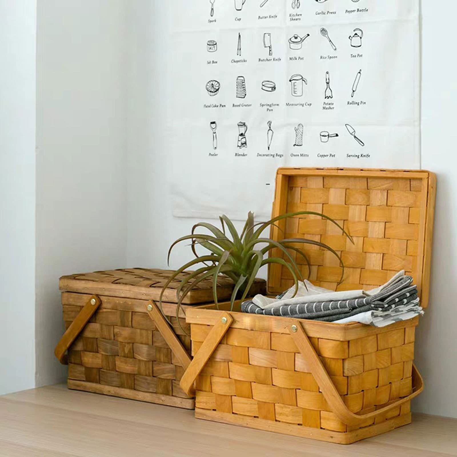 AADECOR Cestino da Picnic in Legno Intrecciato a Mano Cestino Intrecciato con 2 Maniglie e Coperchio oscillanti, Cesto Grande Vuoto per Picnic, Esterno, Campeggio, Famiglia, Feste,A