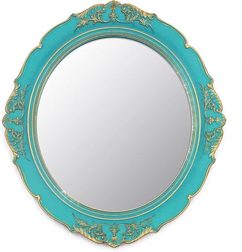 Eaoundm 13.1 x 14.8 inchs Decorative Wall Mirror,Vintage Hanging Mirrors for Bedroom Living-Room Dresser Decor Oval Blue Plastic Frame