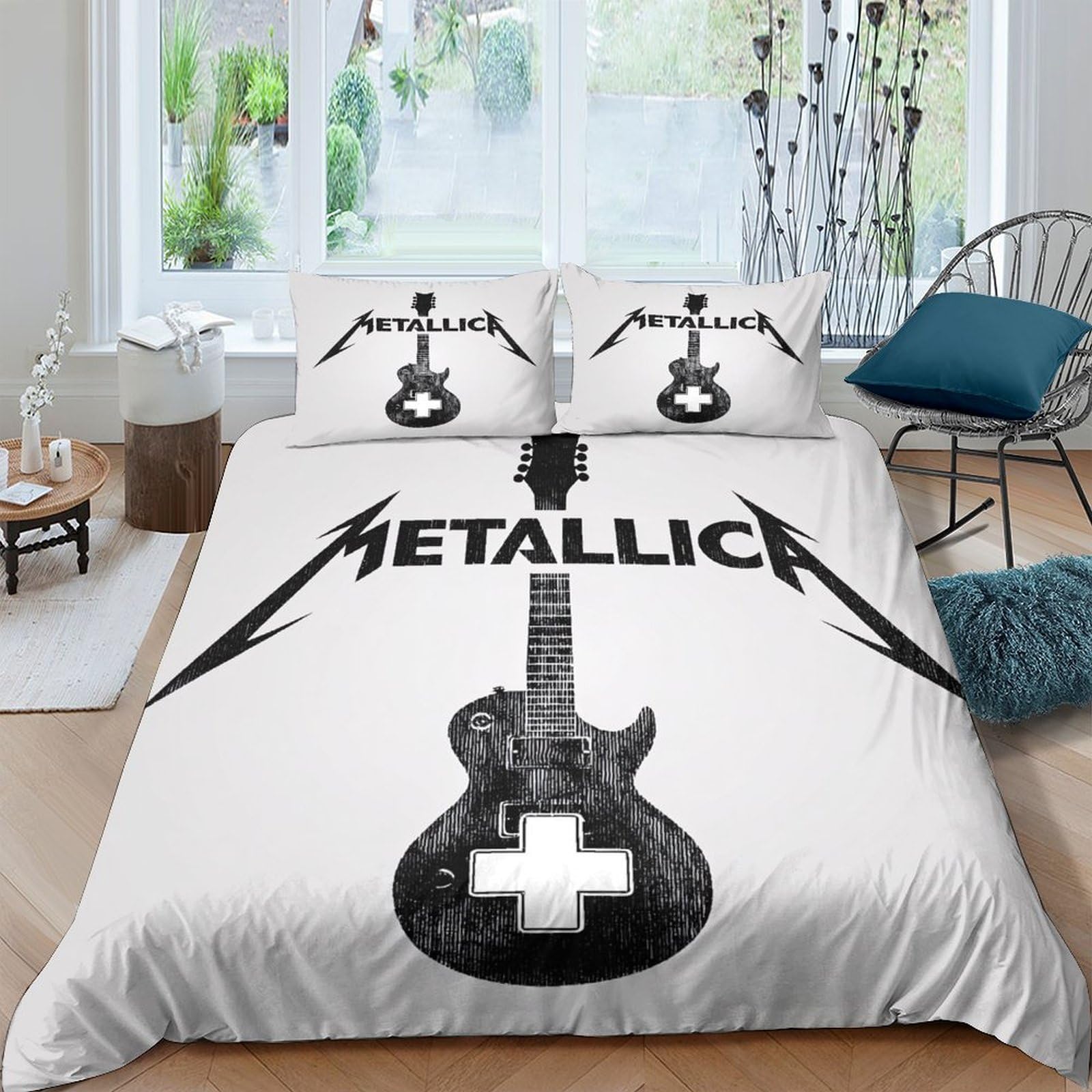 TUFRTGYHN 3D Printed Guitar Rock Duvet Cover Set Microfiber Soft Breathable Skull Bedding Set with 2 Pillowcases for Bedroom Decor, Single（135x200cm）