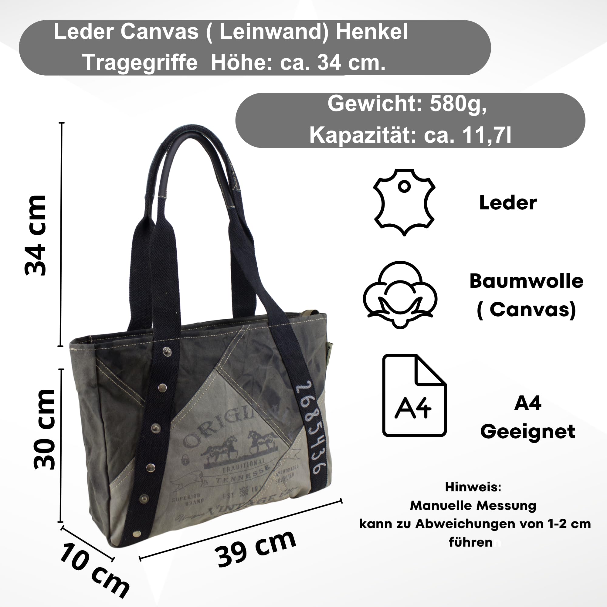 Sunsa Canvas Handtasche. Vintage Damen Tasche. Schultertasche Schwarz/grau