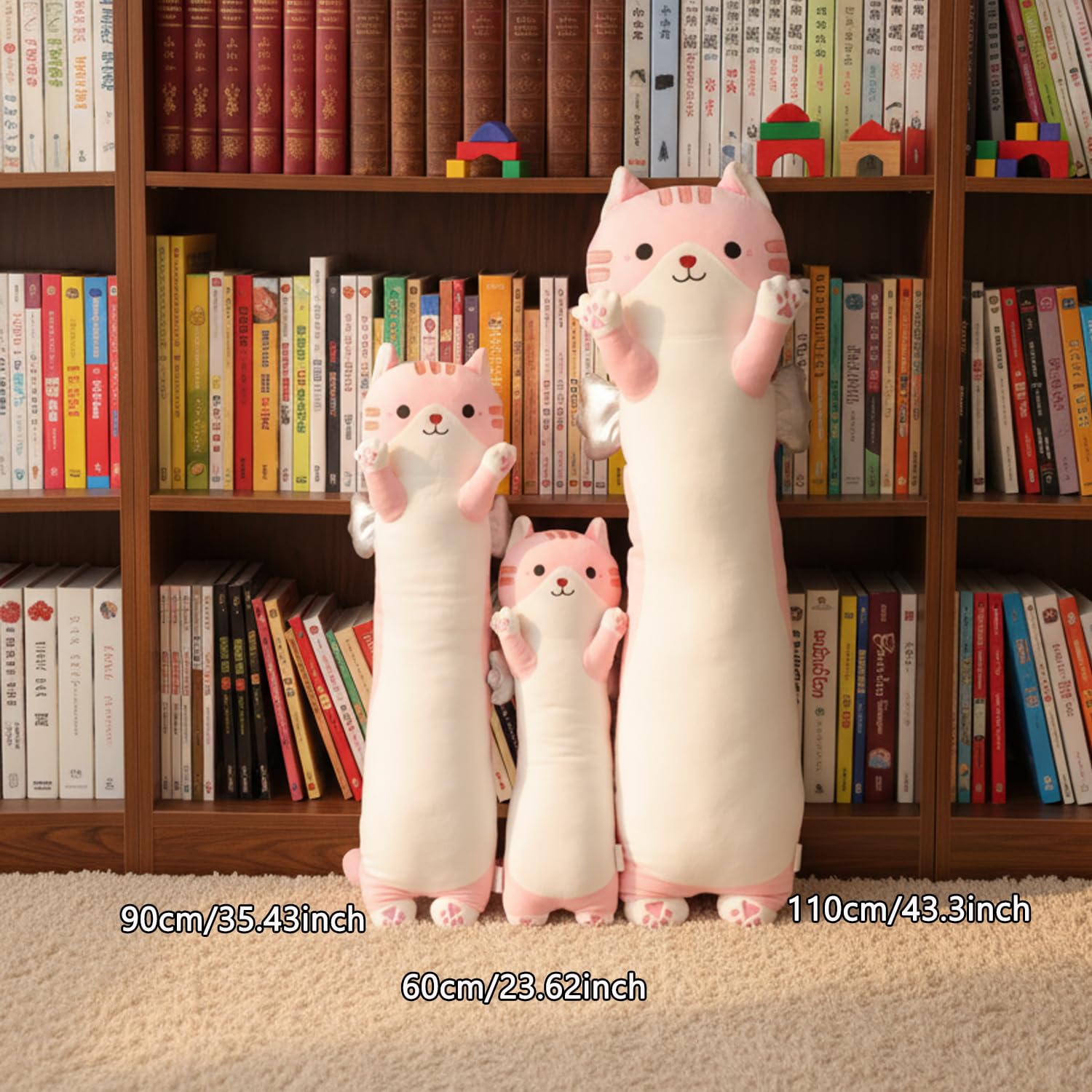 Kekeso Cuscino Peluche Gatto Lungo, Cuscino Corpo Gatto Carino con Ali, Peluche Kawaii Morbido da Abbracciare - Regalo per Bambini a Natale, San Valentino & Compleanno(Rosa, 110cm/43.31in)