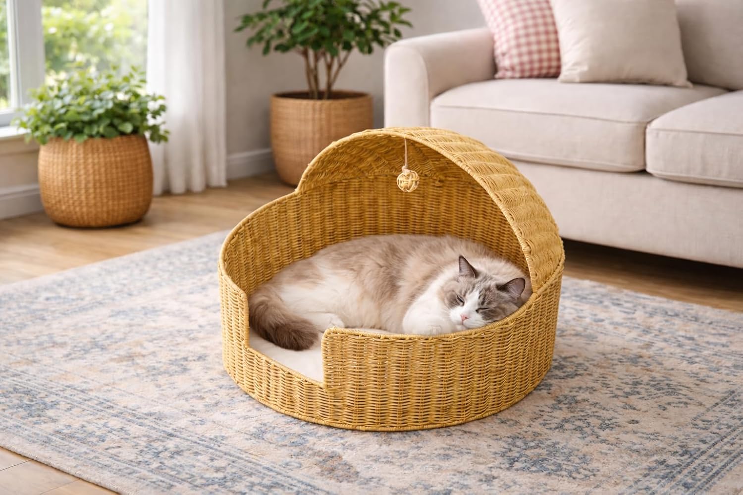 Handwoven PP Rattan Dog & Cat Bed with Canopy, Breathable Wicker Pet Sofa with Soft Sponge Cushion, Natural Rope Detail, Indoor Cat House for Small to Medium Pets