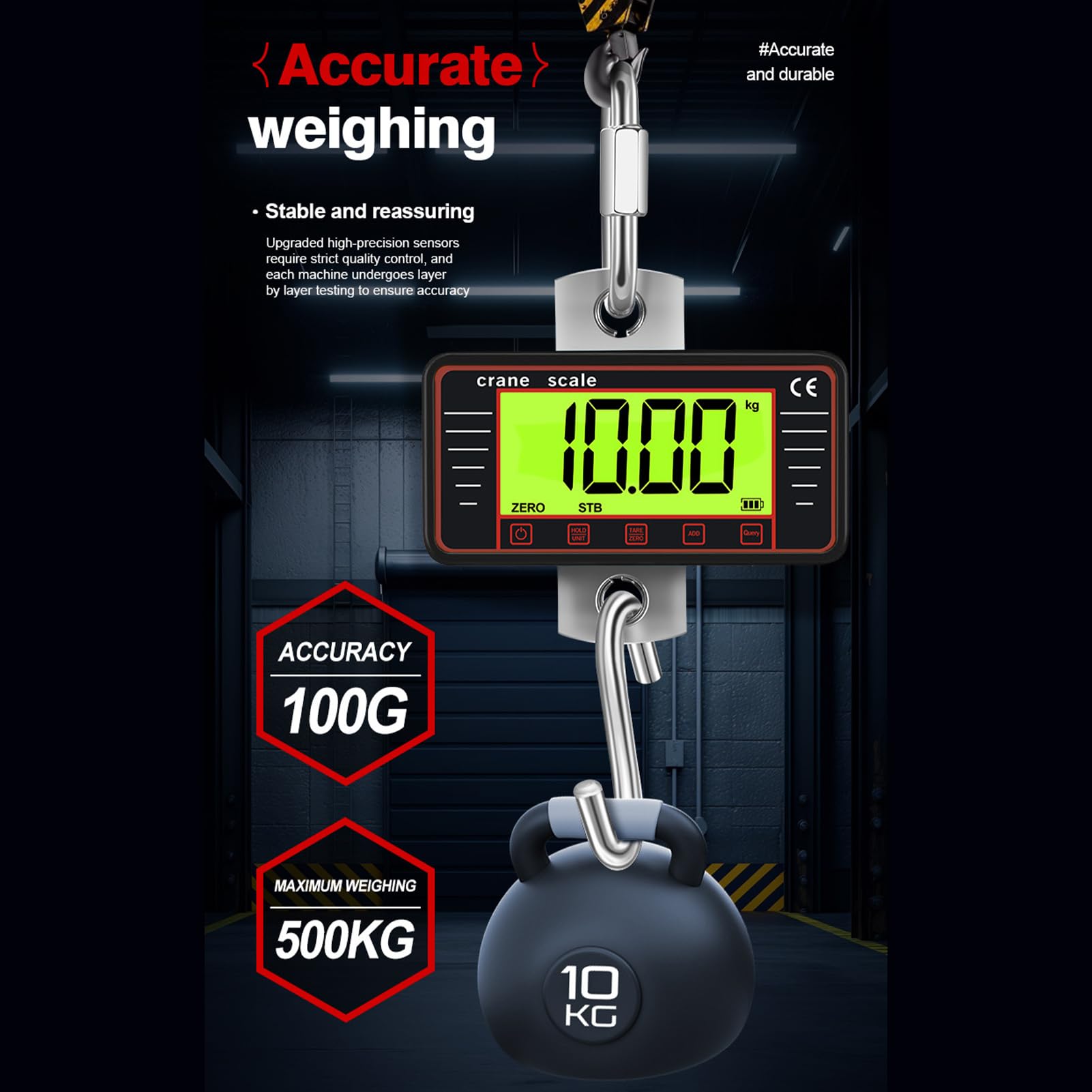 Waga wisząca, 500kg/1100lbs, cyfrowa waga dźwigowa o dużej wytrzymałości z 4-calowym wyświetlaczem LCD, ręczna waga dźwigowa ze stopu aluminium do garażu, (500 kg - angielski - czarny)