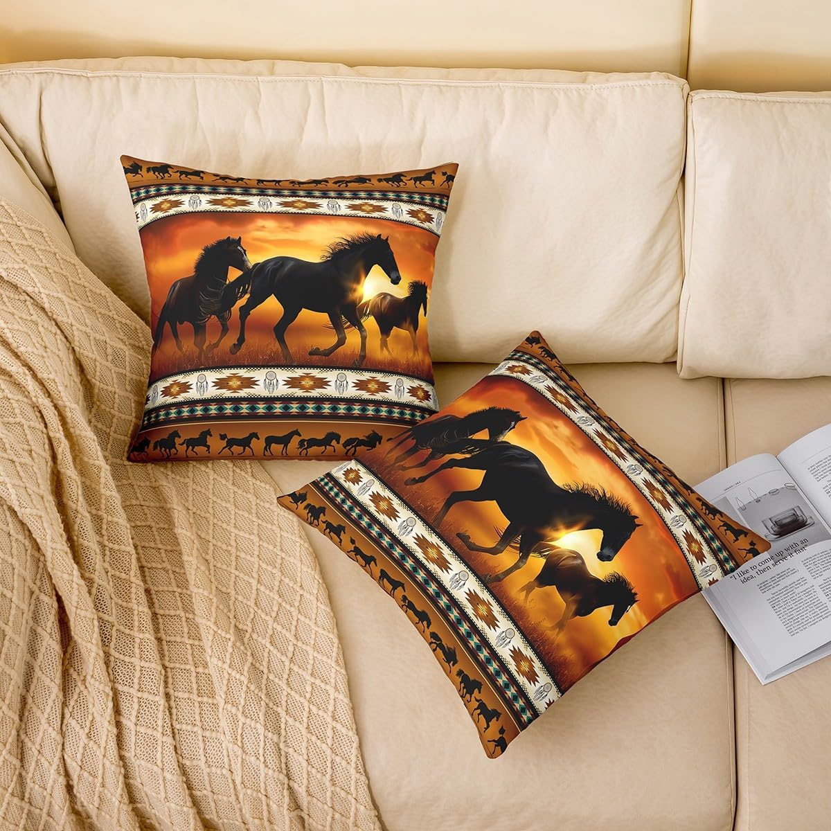 Pack of 4 Brown Aztec Throw Pillow Covers African Tribal Horse Pillow Covers Farm Animals Cushion Covers Ethnic Tribe Arrow Dream Catcher 18x18 Pillow Covers Southwest Native Exotic Nordic