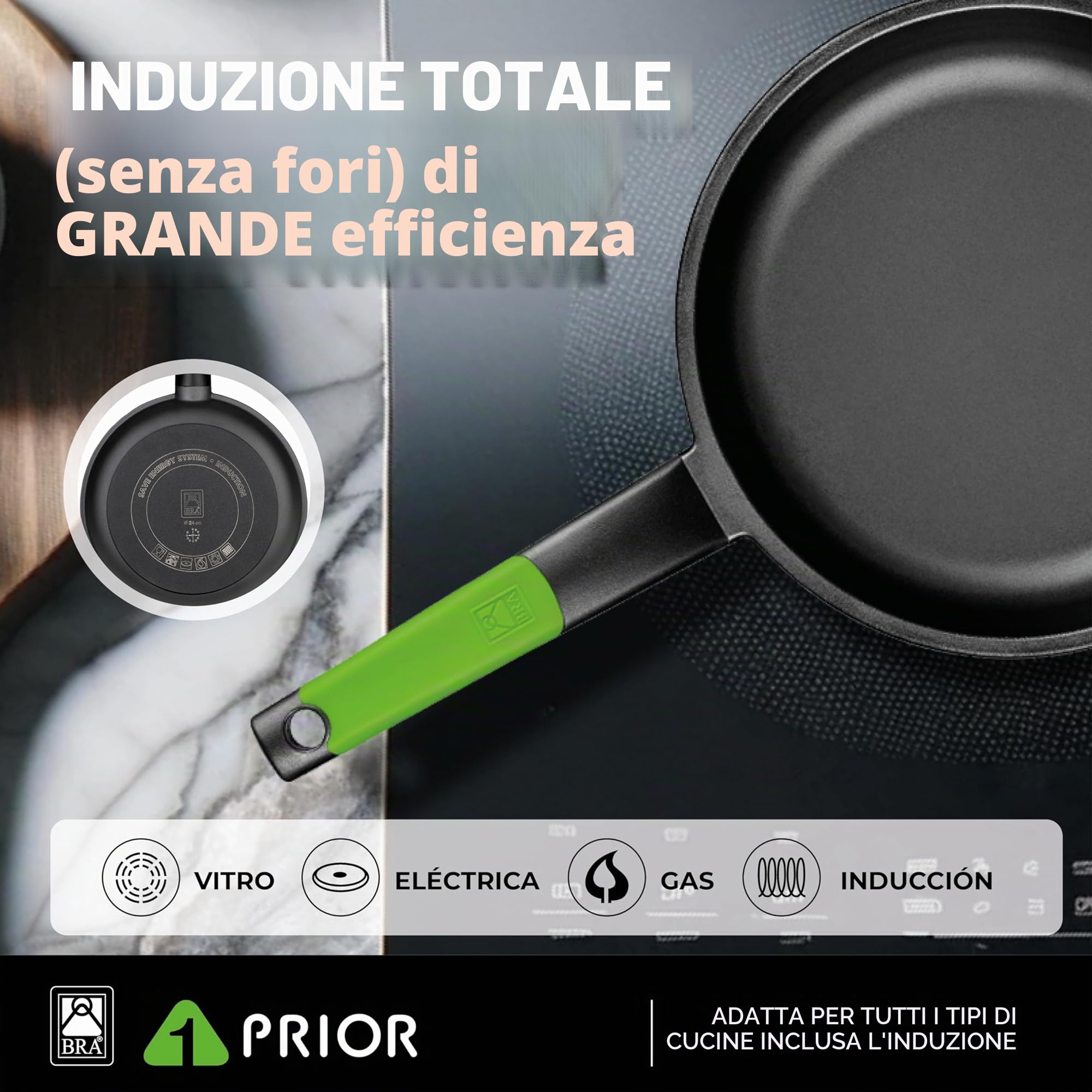 BRA Prior | Set di 3 padelle antiaderenti in alluminio fuso, 18-22-26 cm, con 2 sottopentola Safe verdi, adatte a tutti i piani cottura, induzione inclusa