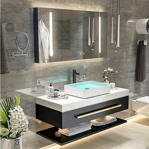 Tocador de baño doble con fregadero, tocador flotante con espejo LED inteligente, madera maciza, montaje en pared, diseño elegante