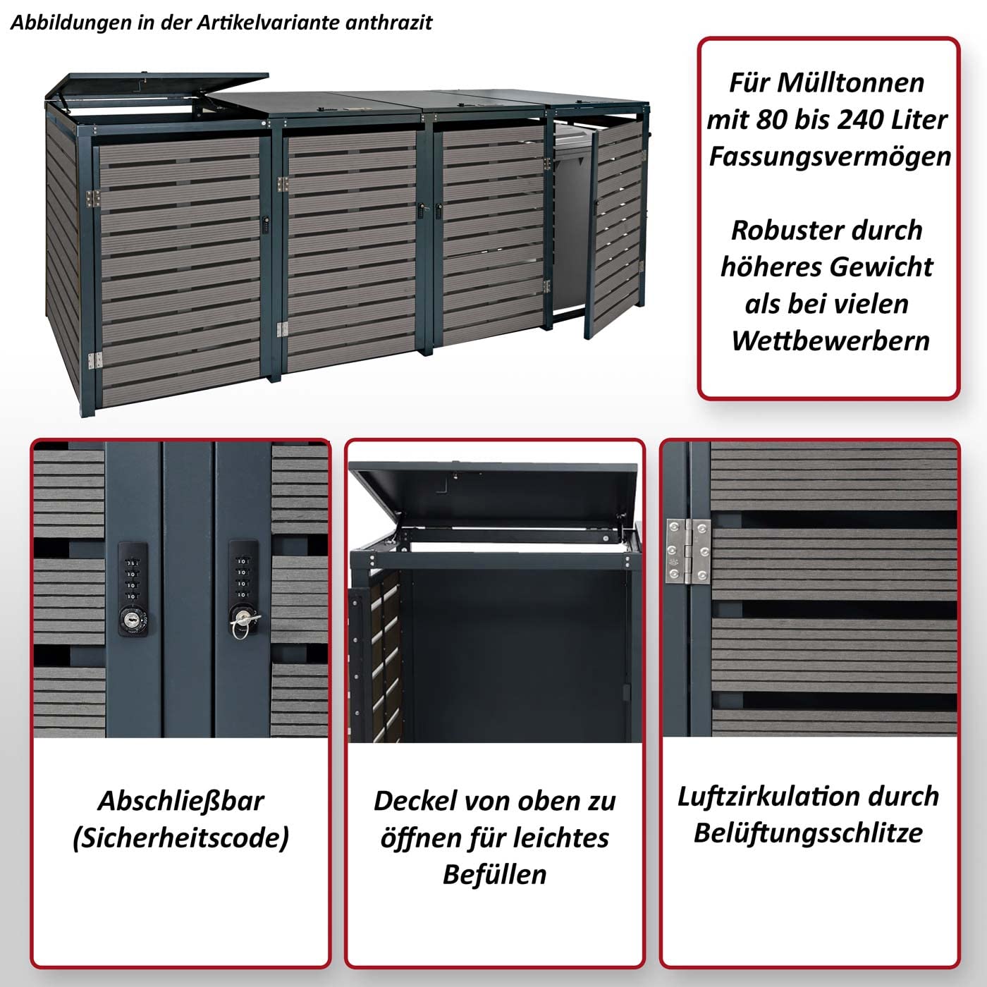 4x copribidoni box spazzatura rifiuti HWC-K14 84x264x119cm metallo WPC marrone