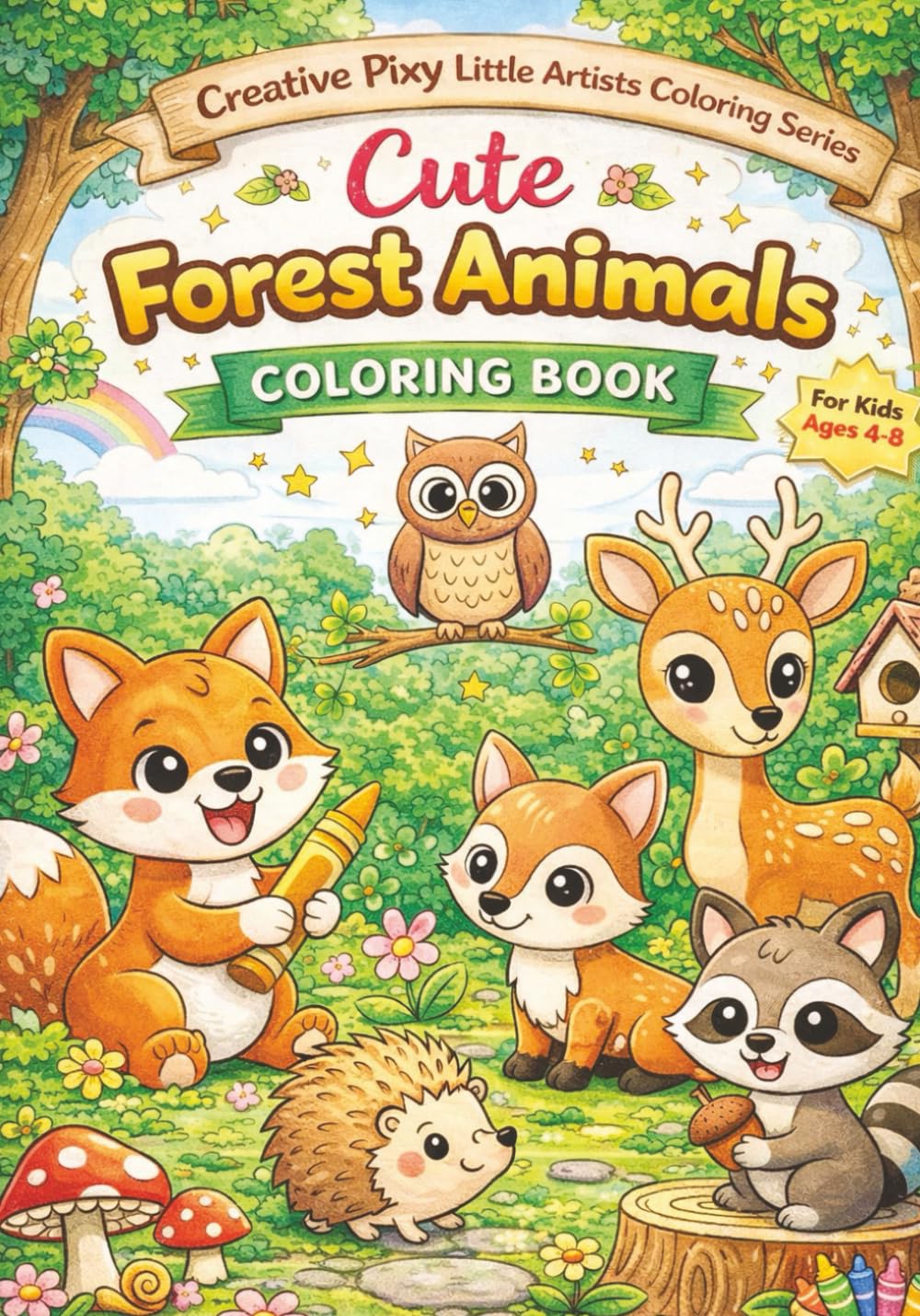 Cute Forest Animals Coloring Book Subtitle: Adorable Foxes, Deer, Owls, Hedgehogs, Raccoons & Squirrels Coloring Pages for Kids Ages 4–8 (Creative Pixy Little Artists Coloring Series)