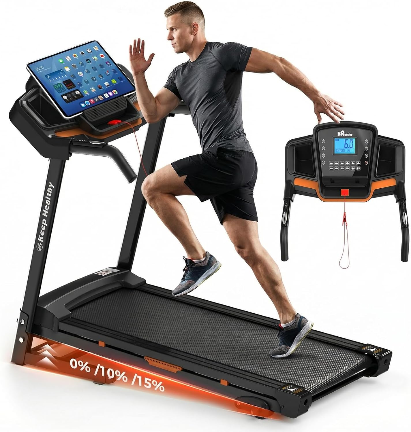 Folding Treadmill with Incline, Portable Home Treadmill, 330 LBS Capacity, 12 HIIT Programs, LED Display, Bluetooth Speaker & APP Control, Large Running Surface (Orange)