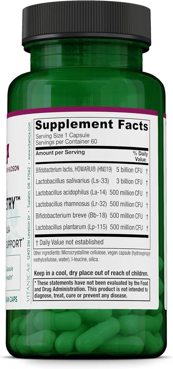Vitanica Flora Symmetry - Intestinal Supplement with Lactobacillus & Bifidobacteria - Gut Health Support with Probiotics - Supports Digestive Immune Health - Vegan - 60 Capsules
