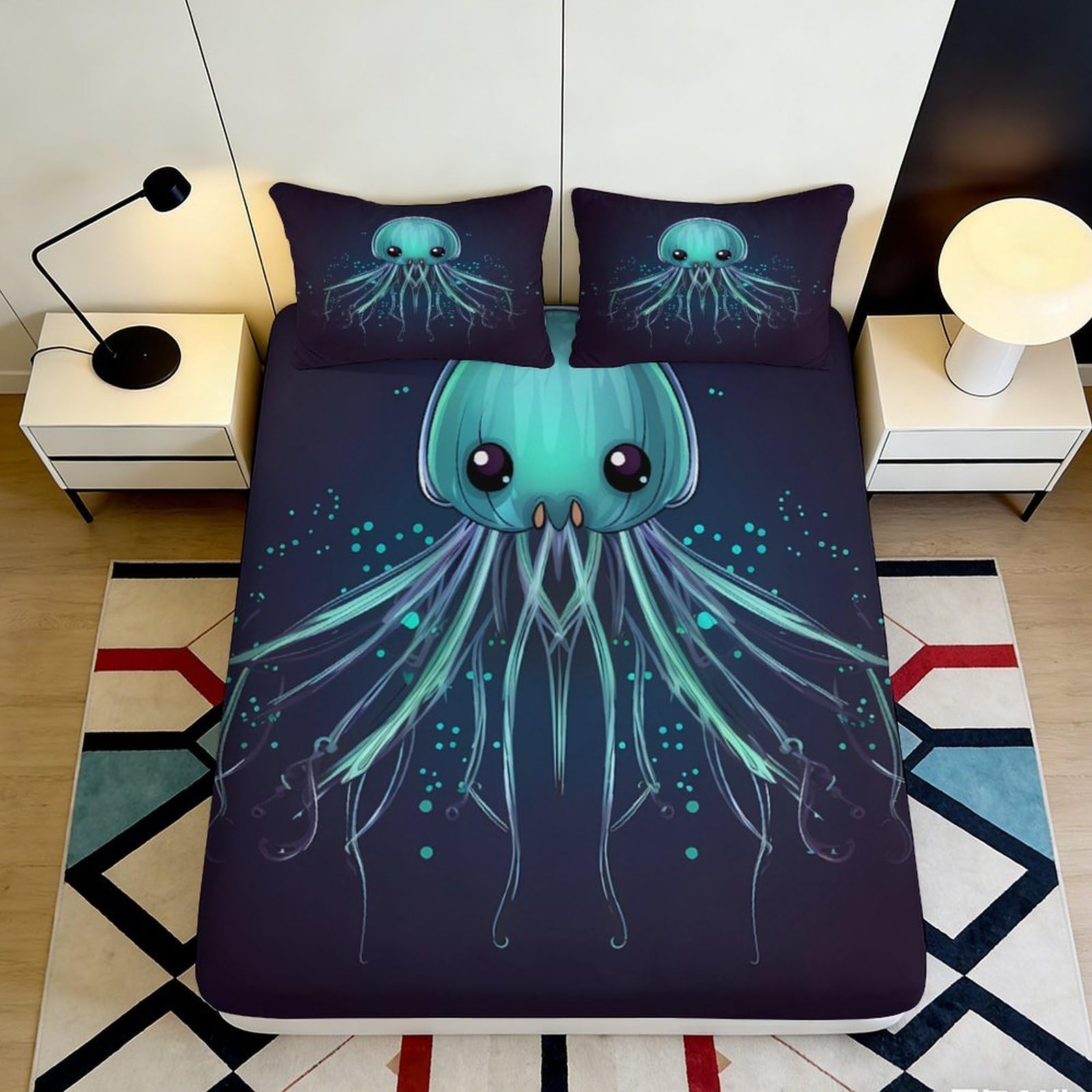 3D Printed Cartoon Octopus Fitted Sheet Microfiber Soft Non-slip Sea Creature Bed Cover for Bedroom Guest Room Decor 90x200x25cm