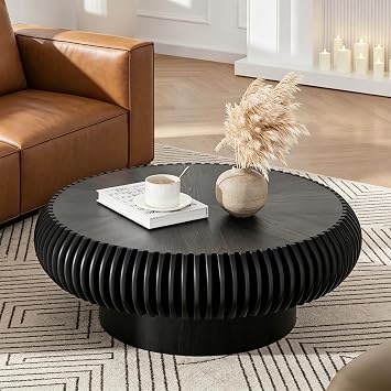 31.5" Round Fluted Coffee Table with Sturdy Pedestal for Living Room | Modern Circle Wood Drum Center Table for Apartment Lounge Small Spaces, Unique Solid Wood Grooves, Easy Assembly, Black
