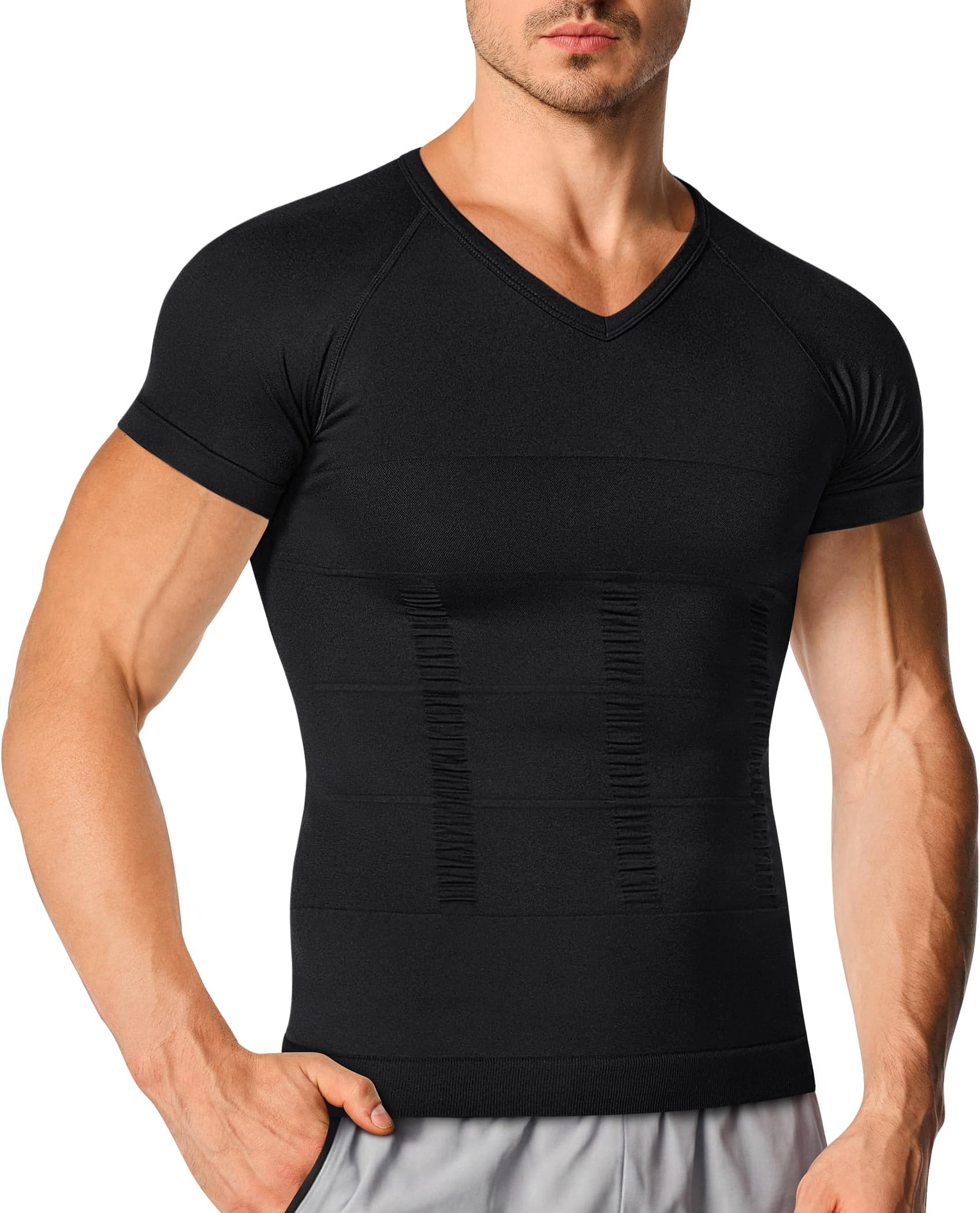 Mens Compression Shirt Shapewear V Neck Short Sleeve Body Shaper T Shirt Slimming Undershirt Workout