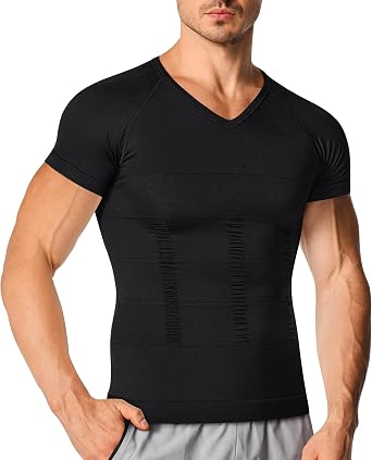 Nebility Mens Compression Shirt Shapewear V Neck Short Sleeve Body Shaper T Shirt Slimming Undershirt Workout