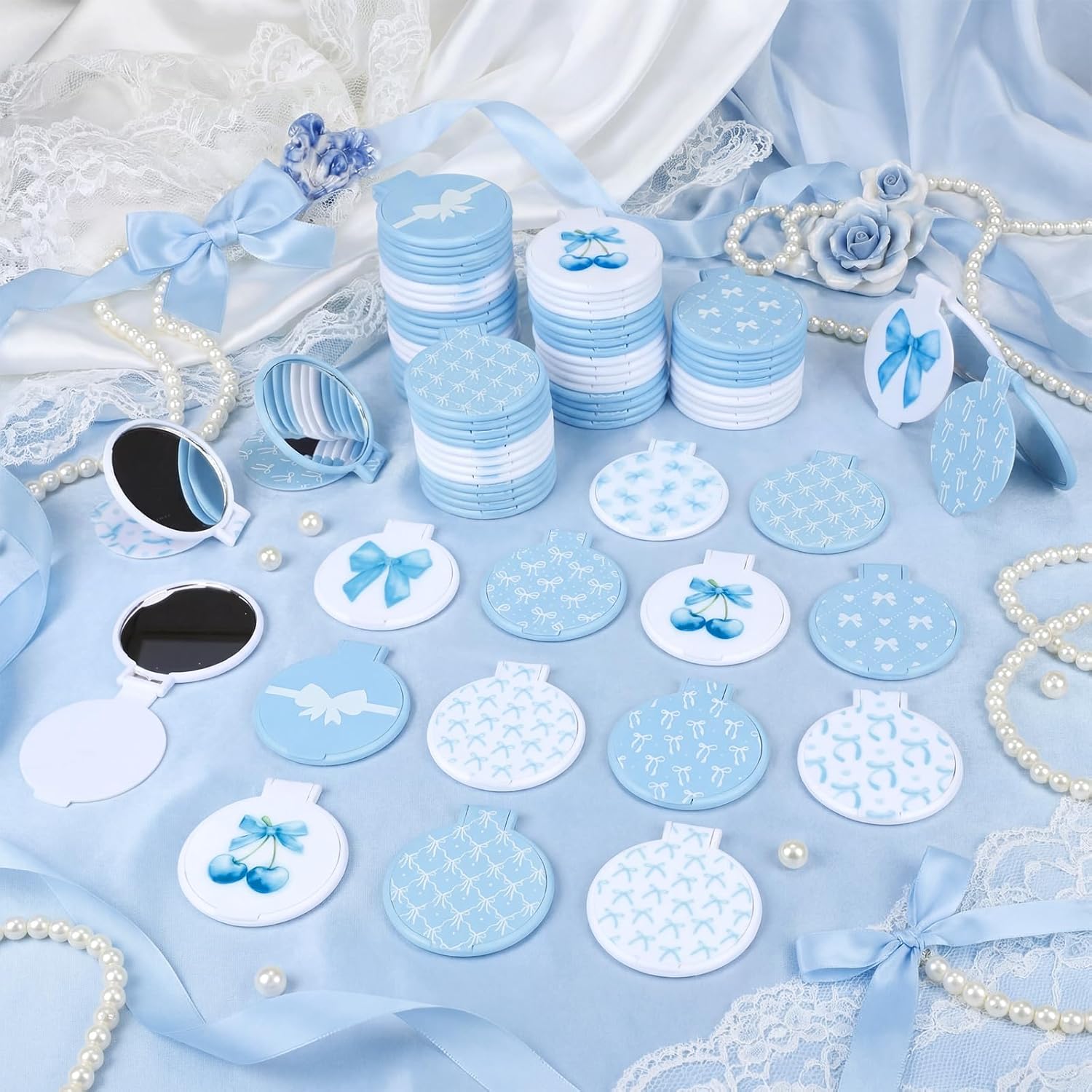 Namalu 100 Pcs Last Toast on The Coast Mirrors Blue Bow Party Favors Something Blue Compact Mirror Bulk 2.8‘' Quinceañera Gift for Women Summer Makeup Purse Pocket Baby Shower Bachelorette Decoration