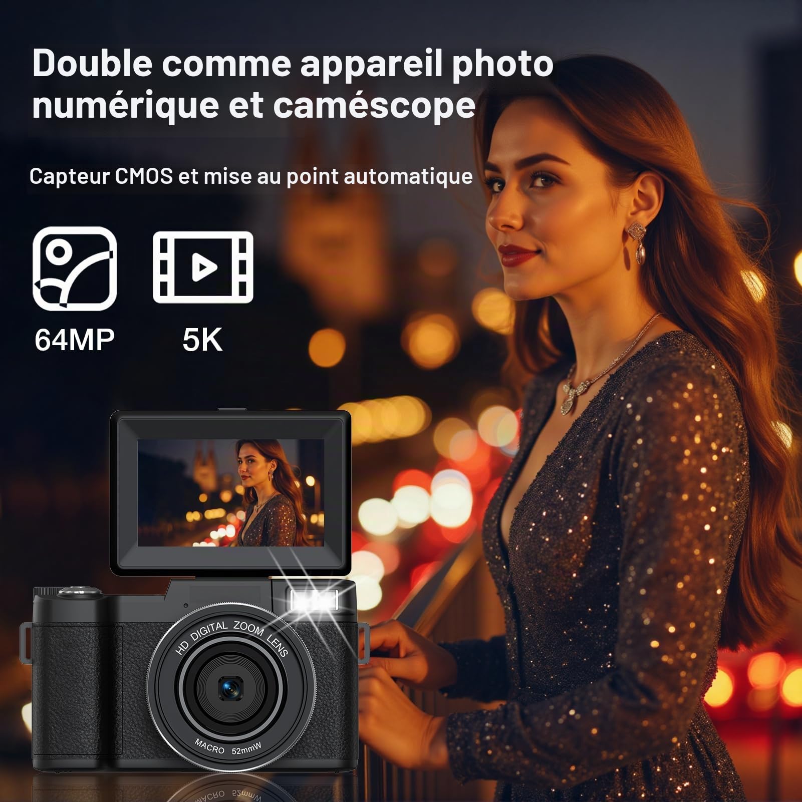 Appareil Photo numérique 5K avec WiFi pour la Photographie, caméra de vlogging 64MP avec écran Rabattable pour Youtube, Comprend Une Carte SD de 64 Go, Un trépied, Une lumière Selfie et 2 Piles