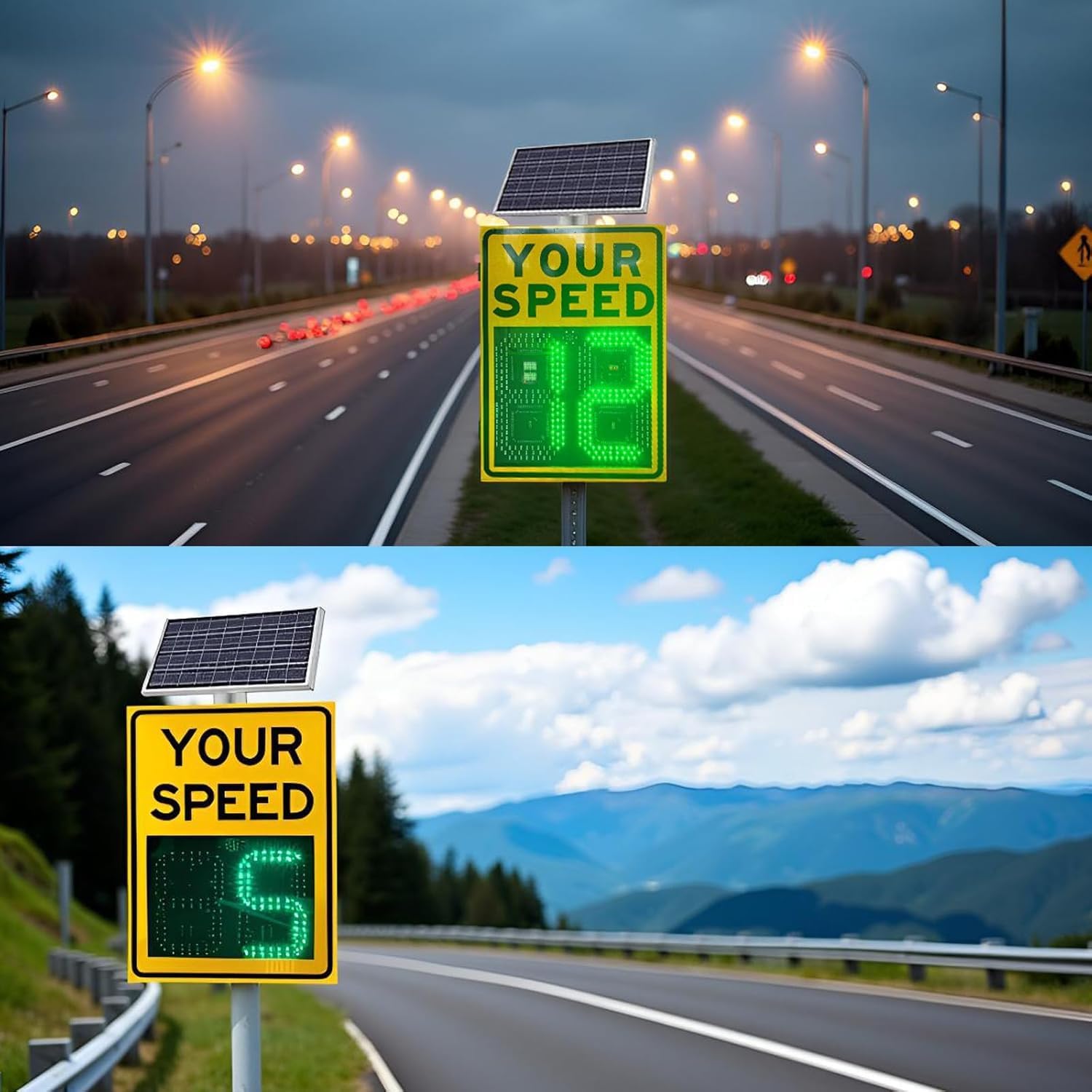 Auto Red/Green Overspeed Alert Your Speed Display Radar Traffic Sign - Integrated Solar Power, LED Traffic Sign for Urban/Rural Speed-Limited Roads(Yellow)