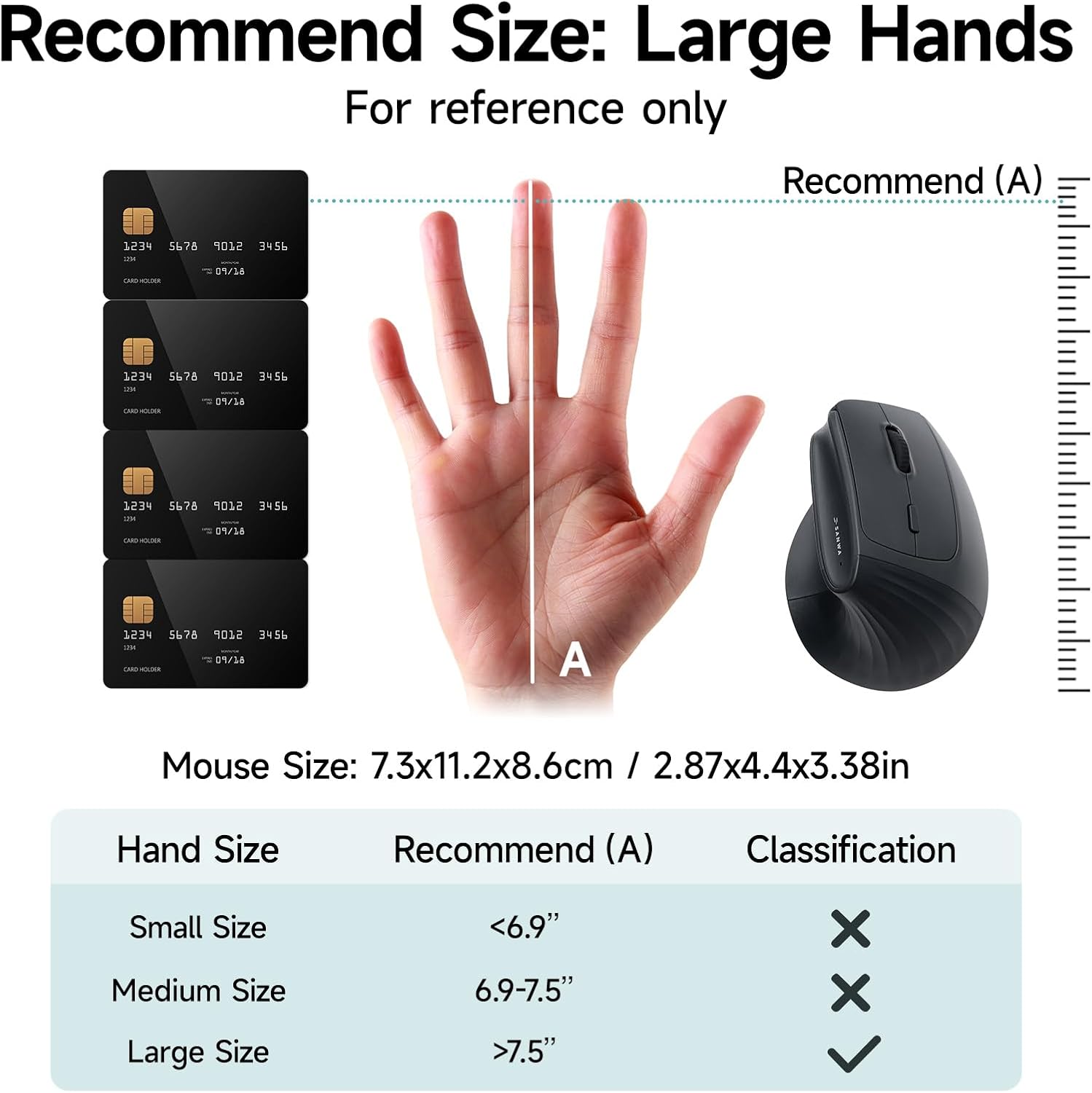 SANWA Wireless Ergonomic Mouse for Large Hands, Silent Click Vertical Mice with Removable Wrist Rest, 1000-4000 DPI, 3-Device (2.4G + 2 Bluetooth 5.4), Compatible with Mac, Windows, Laptop, PC, Black