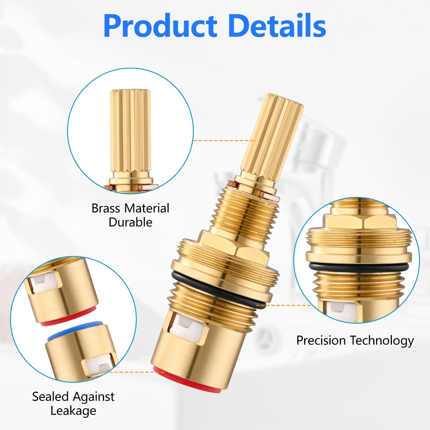 4 Pack Faucet Cartridge Replacement Brass 1-001 & Brass 1-002 | Hot and Cold Faucet Cartridge 20 Teeth Brass Ceramic Cartridge with Tool Set & Plumbers Tape for Bathroom Kitchen Sink Faucet