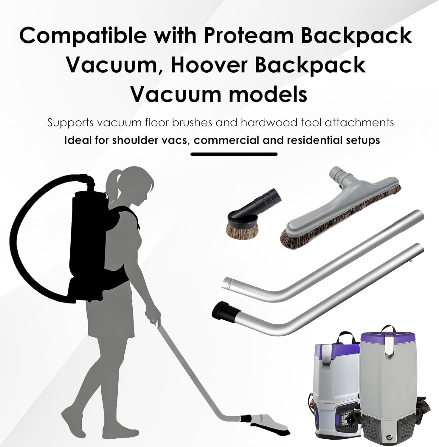2 Piece Aluminum Vacuum S-Wand +14" Floor Brush +3" Round Dusting Brush | Horsehair Material | Fits ProTeam Backpack & Hoover C2401 | Commercial Cleaner Tool Set for Backpack Systems