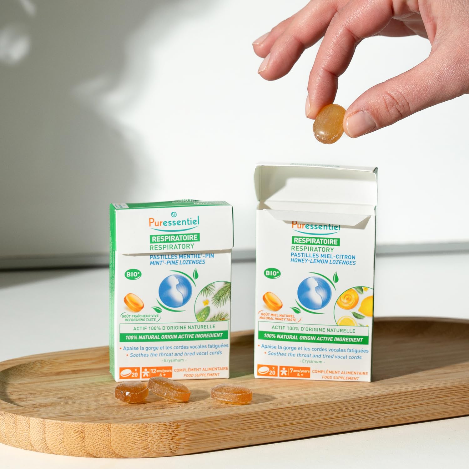 Puressentiel - Respirazione Pastiglie Gola Voce Menta Pino – All'Estratto di Erisimo – Procurano un effeto balsamico – Aiutano a liberare il naso – Dai 12 anni – 20 Pastiglie