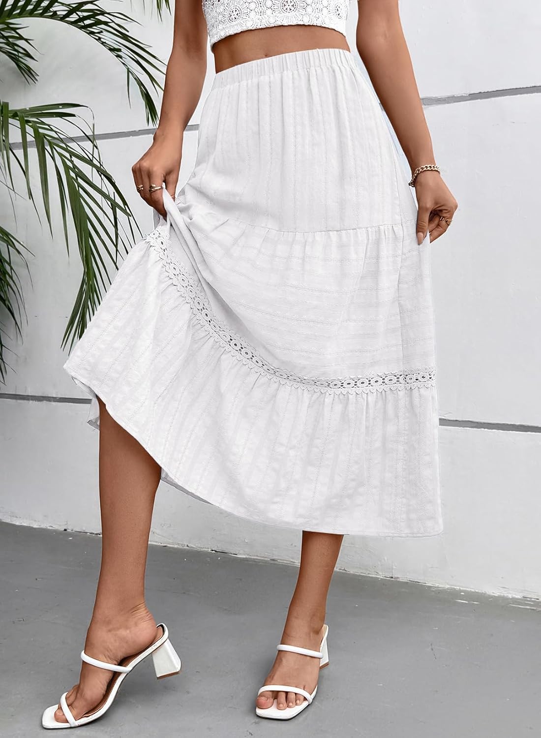 BLENCOT Long Skirts for Women Boho Crochet Lace High Waisted A-Line Cotton Tiered Maxi Skirt - Image 6