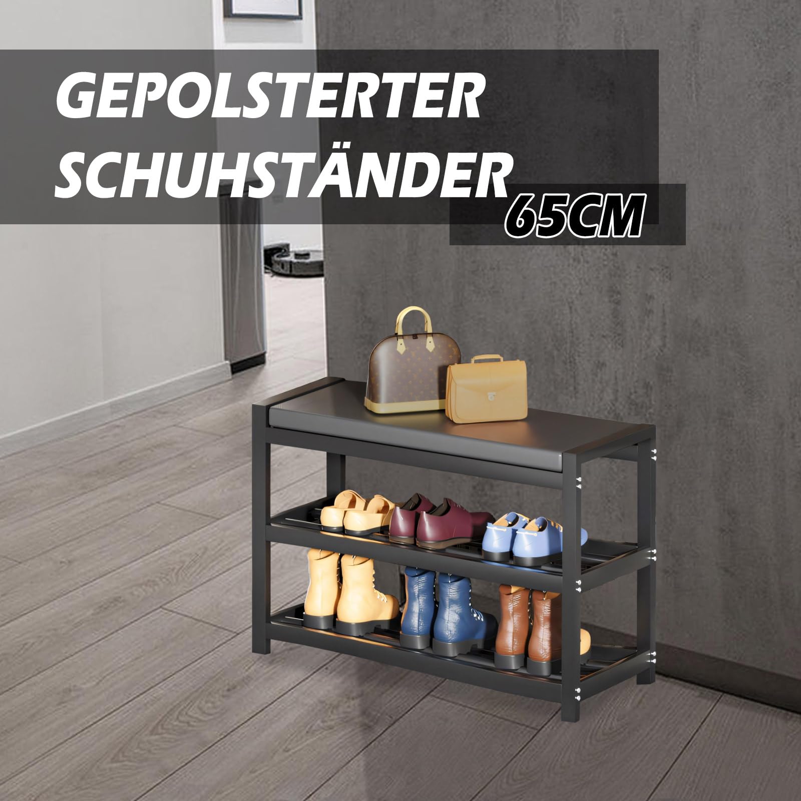 Schuhbank mit Sitzfläche, Metall Schuhregal mit 3 Ebenen, bis 150 kg belastbar, 65 x 25 x 41,5 cm, Schwarz Kohlenstoffstahl Sitzbank Schuhschrank Schuhständer für Eingang, Flur, Wohnzimmer