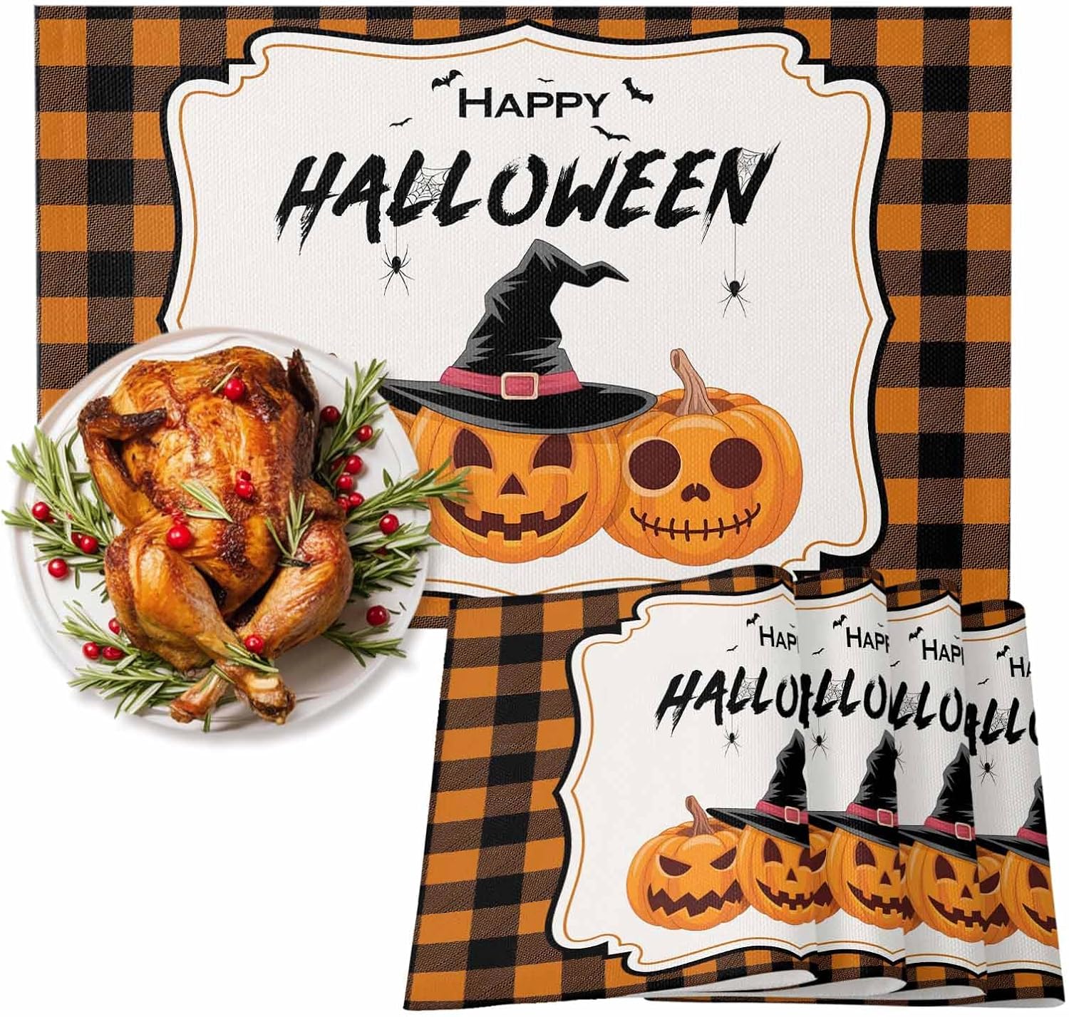 LooPoP Placemats Set of 4 Washable,Wicked Pumpkin Orange Placemat for Dining Table Decorations, Heat-Proof Table Mats for Kitchen Dinner Banquet Halloween Buffalo Check