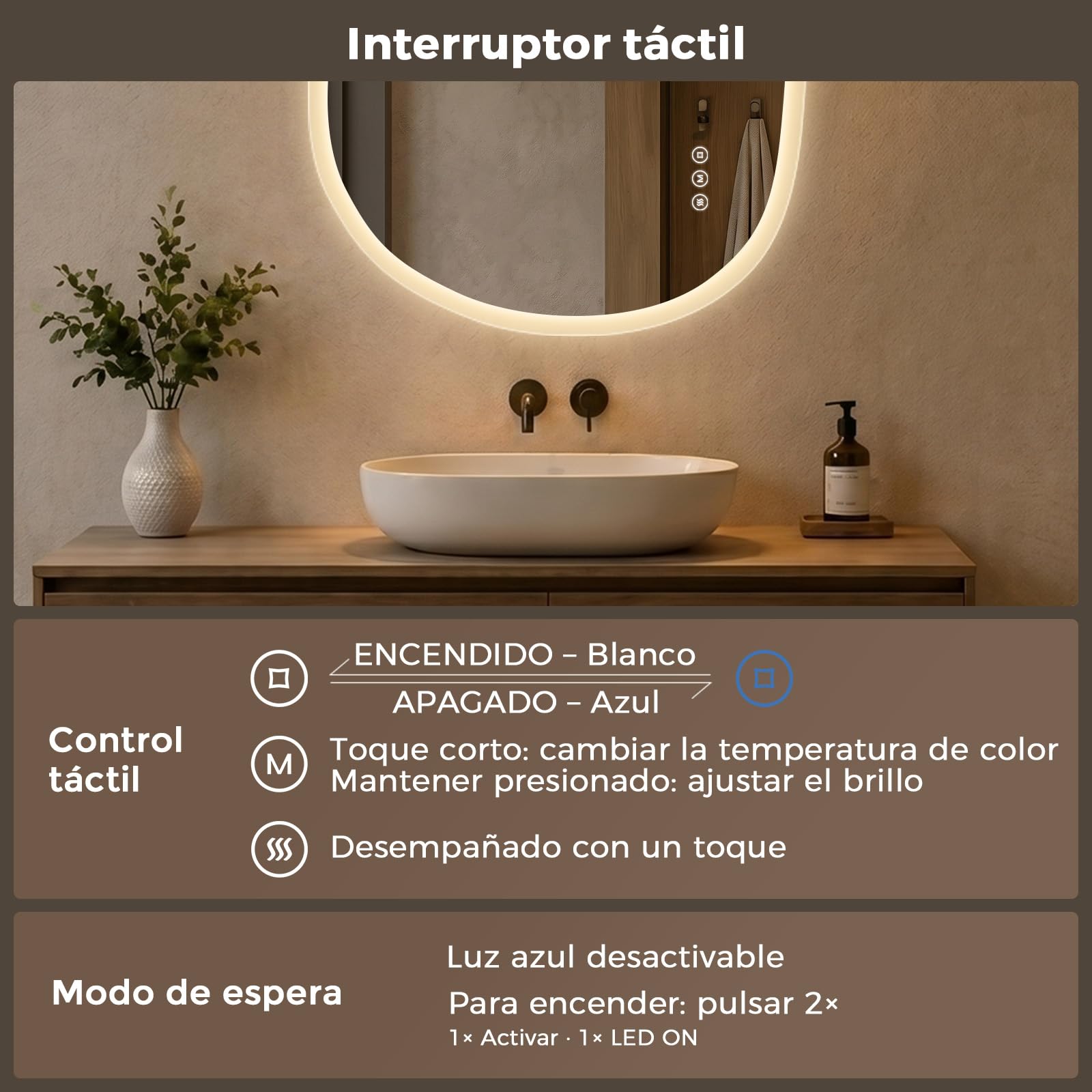 Espejo Baño LED 70 x 90 cm, Asimétrico,Sin Marco,Retroiluminado