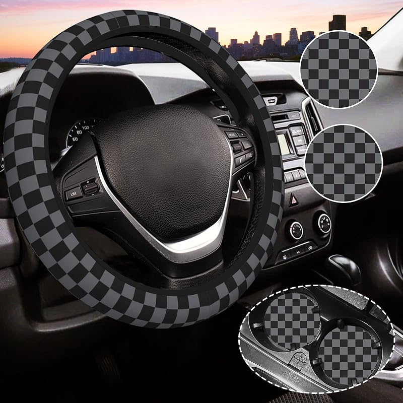 Capa para Volante em Neoprene Cinza-Escuro Xadrez com Porta-Copos para Carro, 38 cm